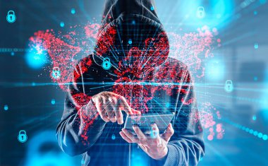 Mysterious businessman in casual wear typing on tablet device watching at digital interface with red map hologram, padlock in background. Concept of cybersecurity, data protection, cyberattack
