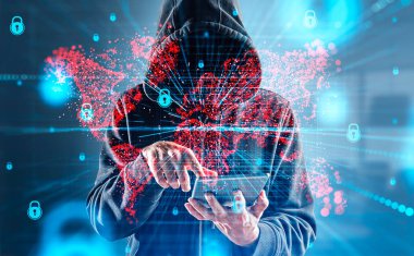 Mysterious businessman in casual wear typing on tablet device watching at digital interface with red map hologram, padlock in background. Concept of cybersecurity, data protection, cyberattack clipart