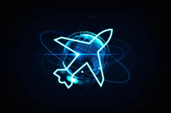 Airplane Glowing Hologram Earth Sphere Official Trip Connection Concept Business — Stockfoto