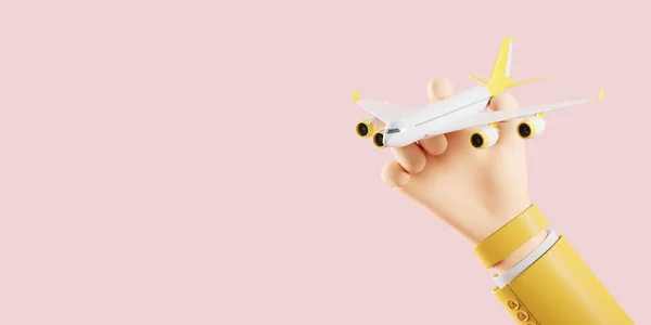 Cartoon Hand Holding Airplane Pink Background Concept Air Travel Tourism — Foto de Stock