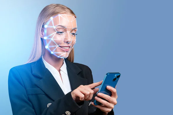 Smiling Businesswoman Finger Touch Phone Biometric Verification Facial Recognition Concept — Stock Fotó