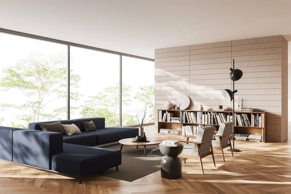 Corner view on bright living room interior with armchair, sofa, shelf with book, coffee table, panoramic window, white wall, wooden floor. Concept of minimalist design. Place for meeting. 3d rendering