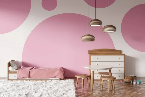 Pink and white baby room interior with bed and carpet on hardwood floor. Sideboard and toys, dining table with stool. 3D rendering