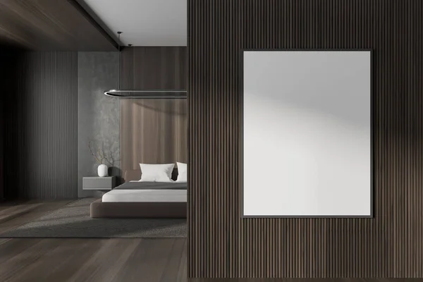 Front view on dark bedroom interior with empty white poster, bed, bedsides, carpet, oak hardwood floor, wooden wall. Concept of minimalist design. Space for chill and relaxation. 3d rendering
