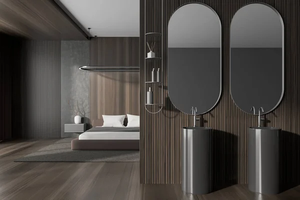 Dark Studio Interior Double Sink Mirror Accessories Sleeping Zone Bed — Stok fotoğraf