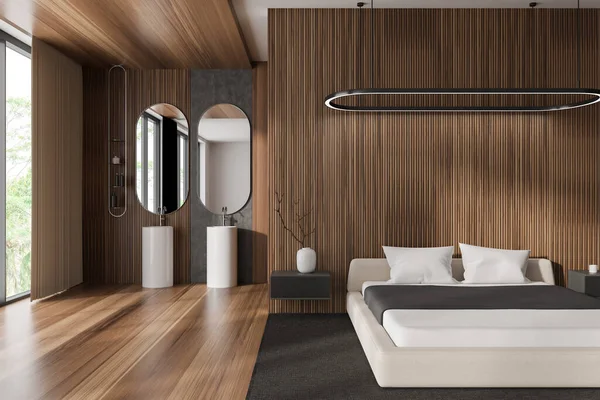 Wooden Hotel Studio Interior Bed Carpet Double Sink Accessories Background — Stok fotoğraf