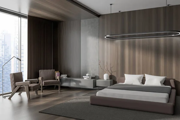 Brown hotel bedroom interior with bed and armchairs, side view near panoramic window. Relaxing corner with drawer and minimalist decoration. 3D rendering