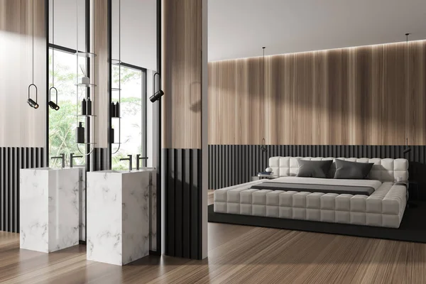 Corner view on bright studio room interior with bed, bedsides, double sink, mirror, carpet, oak hardwood floor, wooden wall. Concept of minimalist design. Space for chill and relaxation. 3d rendering