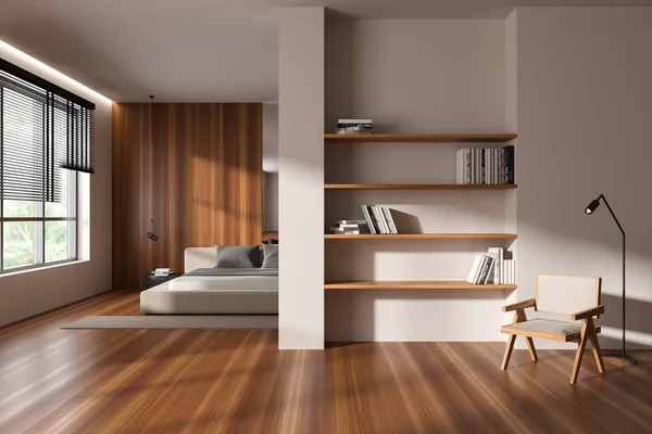 Front view on bright studio room interior with bed, armchair, shelves with books, panoramic window, oak hardwood floor, wooden wall. Concept of minimalist design. Space for chill. 3d rendering