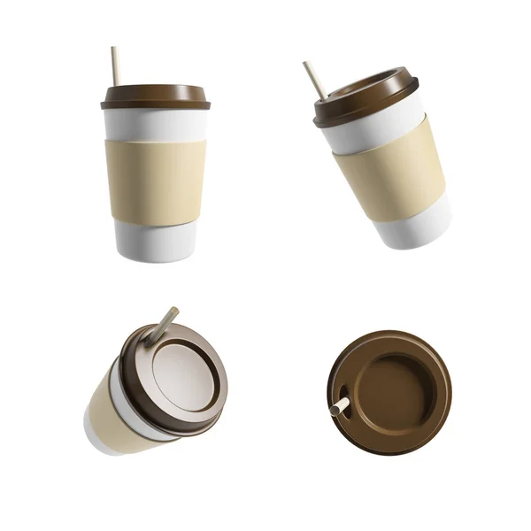 Plastic brown cup with a straw on white background. Four mock up copy space cups from different angles. Concept of coffee and drink. 3D rendering