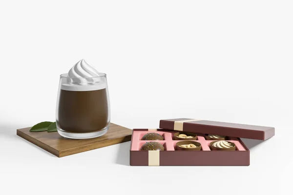 Glass cup with hot chocolate on a tray with whipped cream, open brown box with six chocolate sweets on copy space white background. 3D rendering
