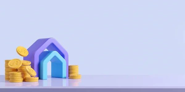 Abstract house sign on purple podium with stack of dollar coins, empty copy space blue background. Concept of mortgage and sale. 3D rendering