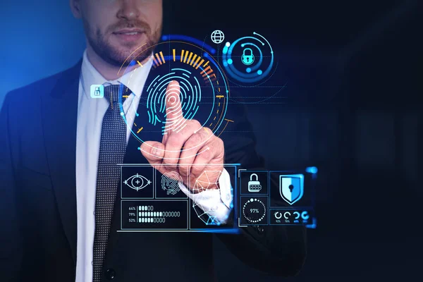 Businessman Finger Touch Fingerprint Hologram Big Business Data Face Biometric — Foto Stock