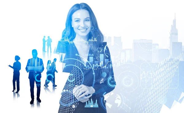 Silhouettes Business People Working Together Smiling Businesswoman Silhouette Double Exposure — Stockfoto