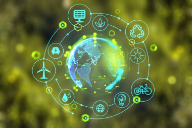 Earth sphere hologram and glowing eco hud with diverse resources icons on blurred green background. Concept of green energy and technology. 3D rendering