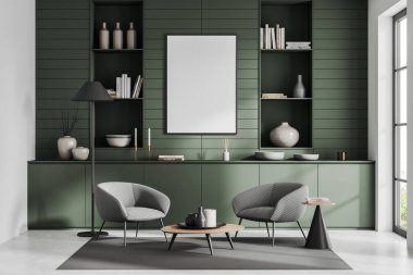 Front view on bright living room interior with empty white poster, coffee table, armchairs, green wall, carpet, panoramic window, concrete floor, cupboard. Concept of minimalist design. 3d rendering