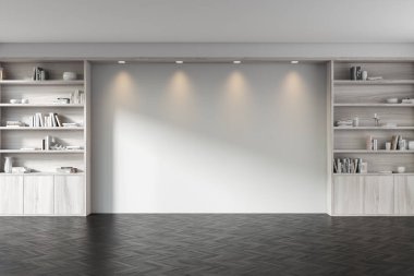 Front view on dark living room interior with empty white wall, shelf with books, oak wooden hardwood floor. Concept of minimalist design, home library. Place for reading. 3d rendering