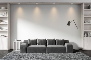 White living room interior with sofa and wooden shelf with decoration. Soft place with lamp on carpet, black hardwood floor. Mockup copy space empty wall. 3D rendering