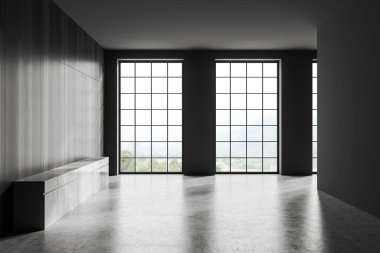 Dark empty room interior with panoramic windows with countryside view. Grey wall, concrete floor. Concept of spacious place in quiet place made for creative idea. 3d rendering
