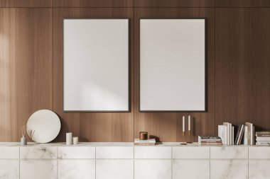 Front view on bright living room interior with empty white poster, wooden wall, sideboard with shelves with books, candles, round mirror, crockery. Concept of minimalist design. Mock up. 3d rendering