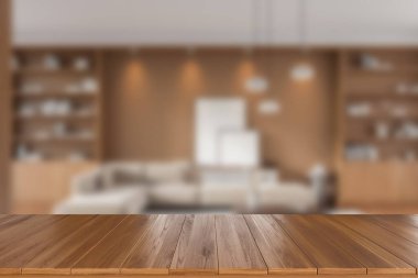 Wooden table on background of blurred living room interior with sofa and bookshelf with decor. Mockup copy space for product display. 3D rendering