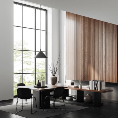 Stylish living room interior with dining table and chairs on carpet, side view black tile floor. Shelf with decor and panoramic window on tropics. Copy space wall. 3D rendering