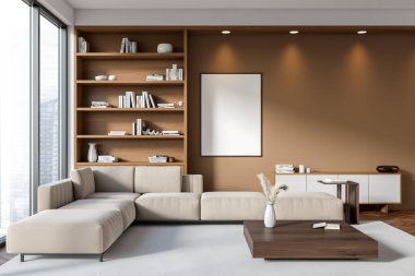 Front view on bright living room interior with empty white poster, sofa, brown wall, hardwood floor, panoramic window, sideboard. Concept of minimalist design. Place for meeting. Mock up. 3d rendering