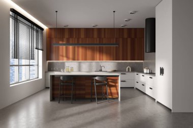 Front view on bright kitchen room interior with island, barstools, cupboard, white wall, gas cooker, sink, fridge, window, cooking inventory, desks, shelf. Concept of minimalist design. 3d rendering