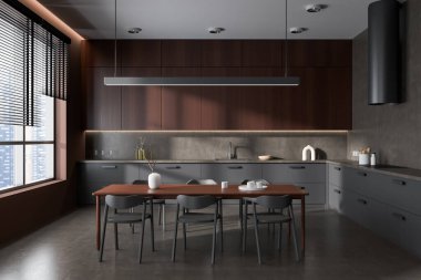 Front view on dark kitchen room interior with dining table, armchairs, cupboard, brown wall, gas cooker, sink, panoramic window, cooking inventory. Concept of minimalist design. 3d rendering