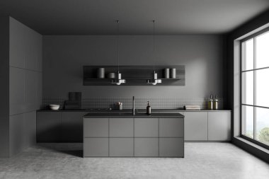 Front view on dark kitchen room interior with island, cupboard, grey wall, gas cooker, sink, panoramic window, concrete floor, desks, shelf. Concept of minimalist design. 3d rendering