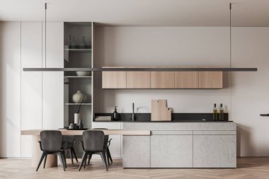 Front view on bright kitchen room interior with dining table, armchairs, white wall, oak wooden hardwood floor, cupboard, island. Concept of minimalist design. 3d rendering