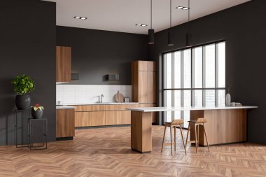 Corner view on dark kitchen room interior with cupboard, grey wall, sink, panoramic window, fridge barstool, island, oak wooden hardwood floor. Concept of minimalist design. 3d rendering
