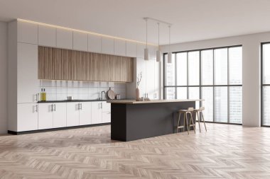 Corner view on bright kitchen room interior with island, barstools, panoramic window, white wall, oak wooden hardwood floor, cupboard. Concept of minimalist design. 3d rendering