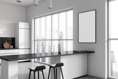 Light kitchen interior with bar island and seats, side view cooking corner with kitchenware. Panoramic window on city view. Mock up canvas poster. 3D rendering