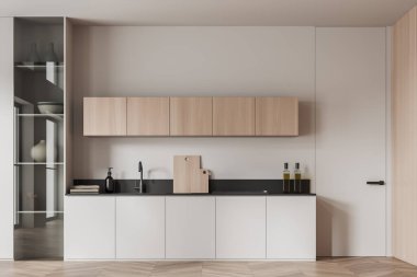 Beige kitchen interior with sink and stove, shelves with kitchenware and decoration. Cooking area with invisible door and hardwood floor. 3D rendering