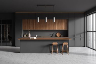 Front view on dark kitchen room interior with island, barstools, panoramic window, grey wall, glass door, concrete floor, cupboard. Concept of minimalist design. 3d rendering