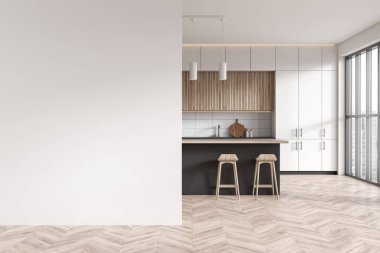White kitchen interior with bar island and stool, cooking space with kitchenware and panoramic window on city view. Mock up copy space wall. 3D rendering