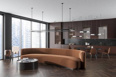 Corner view on dark luxury studio room interior with sofa, dining table, panoramic window, armchairs, grey wall, oak wooden hardwood floor, cupboard. Concept of minimalist design. 3d rendering