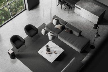 Top view on dark studio room interior with armchairs, sofa, coffee table, grey wall, panoramic window, island, concrete floor, cupboard. Concept of minimalist design. 3d rendering