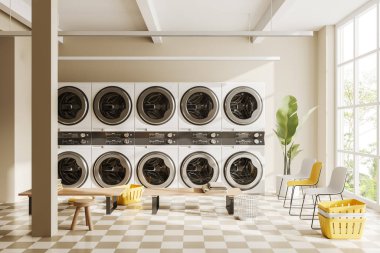 Beige laundry interior with row of white washing machines, waiting zone with bench and chairs on chess tile floor. Panoramic window on tropics. 3D rendering