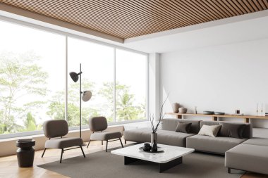 Corner view on bright living room interior with armchair, sofa, shelf, crockery, coffee table, white wall, wooden floor, panoramic window. Concept of minimalist design. Place for meeting. 3d rendering