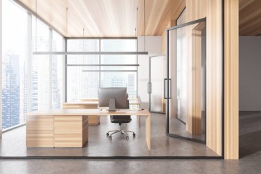 Business interior with armchairs and pc computer on desk behind glass doors. Coworking area with panoramic window on skyscrapers. 3D rendering