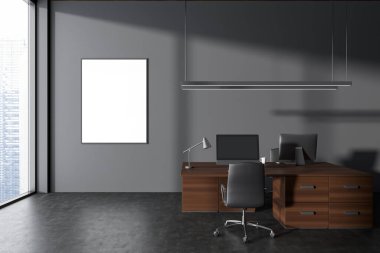 Dark coworking interior with pc computer on desk and armchairs. Office work corner with panoramic window on skyscrapers. Mockup canvas poster. 3D rendering