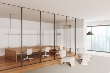 Beige business interior with conference board behind glass doors. Relaxing corner with two armchairs on carpet, side view hardwood floor. Panoramic window on skyscrapers. 3D rendering