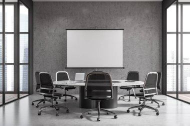 Front view on dark office room interior with empty white poster, armchairs, conference board, panoramic window, concrete floor, concrete wall. Concept of company, meeting space. Mock up. 3d rendering