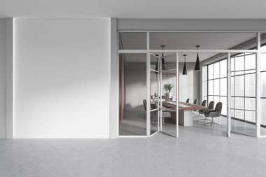 Front view on bright office room interior with armchair, copy space, conference board, panoramic window, concrete floor, glass door, white wall. Concept of company, meeting space. Mock up. 3d rendering