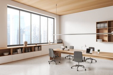 Corner view on bright office room interior with computers, desks, armchairs, panoramic window with skyscraper view, shelves, concrete floor. Concept of company, firm, meeting space. 3d rendering