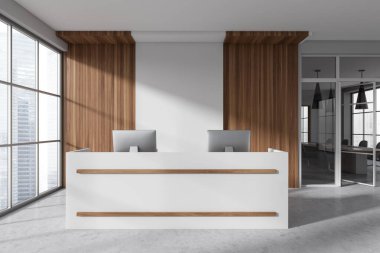 White office room interior with reception desk and computers, business conference area behind glass doors. Panoramic window on skyscrapers. 3D rendering