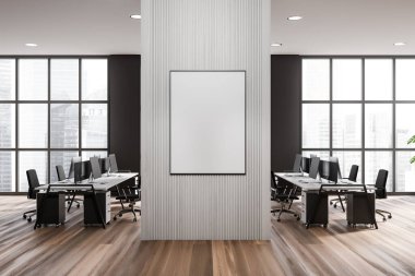 Stylish coworking interior with pc computer on desk and armchairs. Office workspace with panoramic window on skyscrapers. Mockup canvas poster. 3D rendering