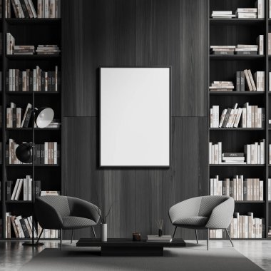 Dark living room interior two armchairs and coffee table with decoration, home library and carpet on grey concrete floor. Mock up canvas poster. 3D rendering